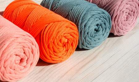 ECO fibers, colored skeins of thread for weaving macrame close-up. Cotton threads made in Turkey.の写真素材