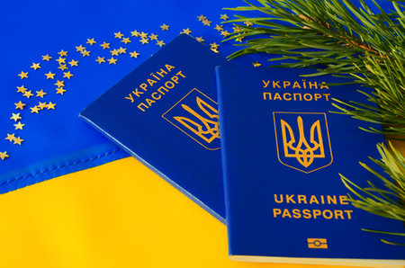 Ukrainian passport, Christmas tree branches and gold stars on the background of the Ukrainian flag. Christmas and New Year.の写真素材