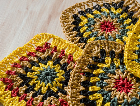 Raffia knitting texture close-up. Knitting from ECO material. Colorful raffia granny square. Hand...