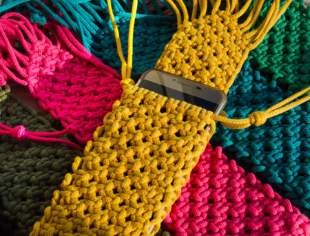 Small bags knitted using the macrame technique from cotton cord. Multi-colored bags for mobile...