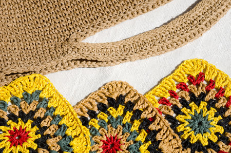 Eco-friendly raffia bag. Beautiful handmade crocheted beach bag. Grandmother's square.の写真素材