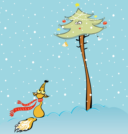 Cute cartoon fox with a red scarf tempted by the Christmas decoration  Separate layers for Christmas treeのイラスト素材