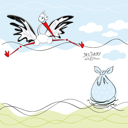 Birthday card with a cute white stork delivering a birthday sack in a nestのイラスト素材