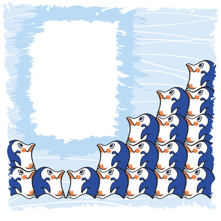 Greeting card design with cute group of penguins on a blue textured backgroundのイラスト素材