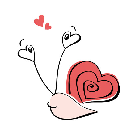 Simple line art of cute snail in love with heart shaped house and big eyes, Vector illustrationのイラスト素材