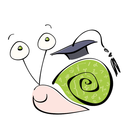 Cute and proud snail with green shell with mathematical symbols wearing a graduation cap, Vector illustrationのイラスト素材