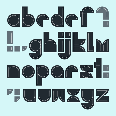 Square grey font with white inside path. Geometric typeface. Minimal typewriter. Latin alphabet letters on blue background. Hipster font, typeface, typography. Vector alphabet set.のイラスト素材