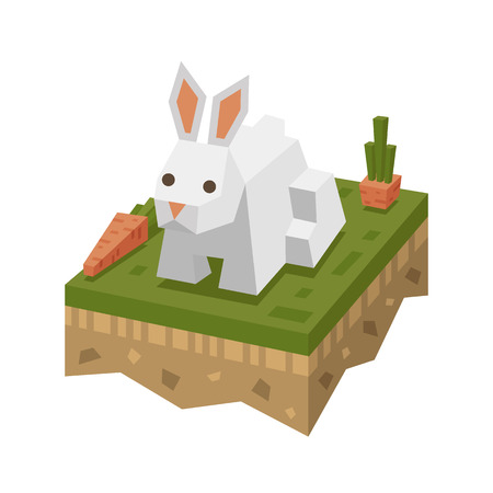 Isometric flat white rabbit on the tile of ground with grass and carrot. Geometric hare in isometry.  Isometric vector illustration - bunny on farm 3d land or soil tile.のイラスト素材