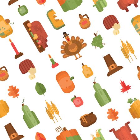 Seamless pattern with flat geometric icons for Thanksgiving day. Traditional Thanksgiving symbols and things. Elements for postcard or invitation, wrapping for Thanksgiving Day. Vector illustration.のイラスト素材