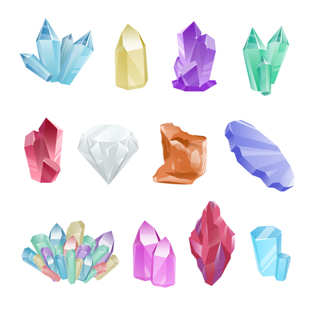 Vector set of colored minerals, crystals, gems and diamonds. Magic crystals of different forms on white background. Isolated bright shining jewels of pink, blue and green colorsのイラスト素材