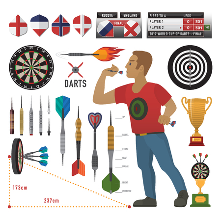 Darts items, elements, labels, icons, symbols, emblems with darts men, dart, arrow, dartboard, trophy shield for sport and leisure theme design. Vector illustration artのイラスト素材