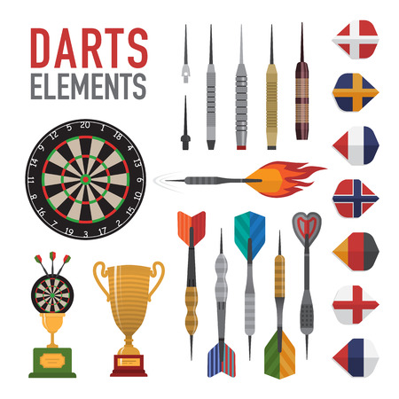 Darts items, elements, labels, icons, symbols, emblems with darts men, dart, arrow, dartboard, trophy shield for sport and leisure theme design. Vector illustration artのイラスト素材