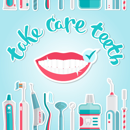 Medical teeth hygiene leaflet and banners template design vector with tools and equipment on blue background. Take care teeth.のイラスト素材