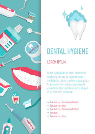 Medical teeth hygiene leaflet and banners template design vector with tools and equipment on blue background. Take care teeth.のイラスト素材