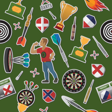 Darts pattern items, elements, labels, icons, symbols, emblems with darts men, dart, arrow, dartboard, trophy shield for sport and leisure theme design. Vector illustration artのイラスト素材