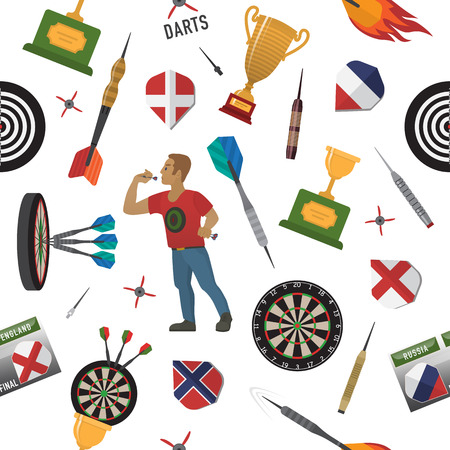 Pattern of darts items, elements, labels, icons, symbols, emblems with darts men, dart, arrow, dartboard, trophy shield for sport and leisure theme design. Vector illustration artのイラスト素材