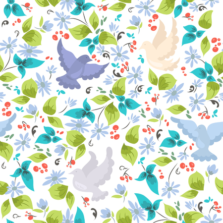 Cute seamless pattern with colorful doves and flowers on white background. Vector floral background with colored birds for wallpaper. Vector illustration art.のイラスト素材