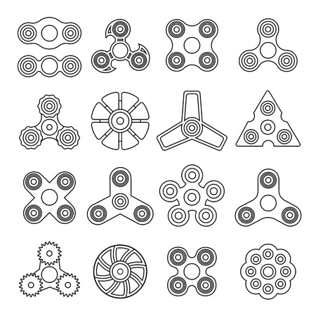 Hand spinner. Toy for increased focus, stress relief. Fidget relax and meditation. Flat icons. Collection of different black and white spinners. Gadget plaything. Vector illustration art.のイラスト素材