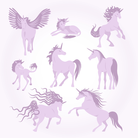 Vector unicorns image collection. Elements for design. Set of cute pink and lilac unicorns. Fairy magic elements, isolated vector objects, flat design illustration. Beautiful horses with hornのイラスト素材