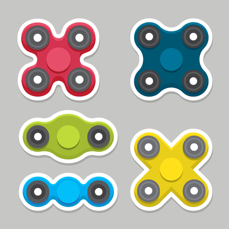 Hand spinners set. Toys for increased focus, stress relief. Fidgets relax and meditation. Flat icons. Collection of different colored spinners. Gadget plaything. Vector illustration art.のイラスト素材