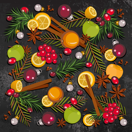 Happy New Year and Merry Christmas background for greeting card with colorful fruits, berries, speces, fir-tree branches and toys. Cartoon style of New Year and Christmas mulled wine set. Vector illustration art for celebration concept.のイラスト素材