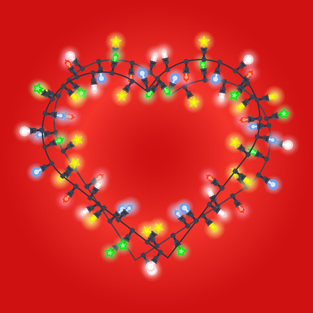 Gift card with heart and lanterns frame on red background. Design concept for Valentine Day. Greeting valentine card for sweetheart. Vector illustration art for holiday's congratulations.のイラスト素材