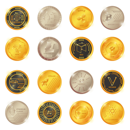 Big vector set of crypto currency logo gold, silver, bronze coin: Lumens, Siacoin, Nem, IOTA, BitConnect, Gnosis, Bytecoin, Dash, Litecoin, Augur, Monero, Nem, Ethereum, Dash, Stratis, Ripple, Bitcoinのイラスト素材