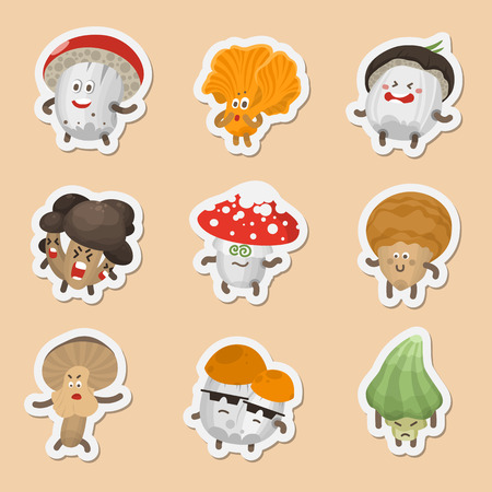 Vector illustration set mushrooms emoticons. Mushrooms icons collection with human face showing various emotions. Harvest symbols. Forest mushrooms Emoji. Autumn funny emotion mushrooms. Sticker iconsのイラスト素材