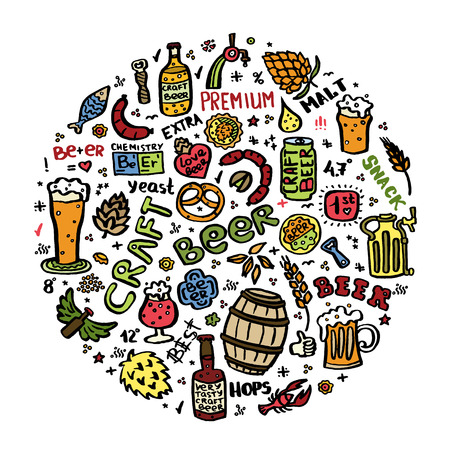 Craft beer hand drawn elements set in circle. Outline black icons of craft beer things. Craft beer info graphics for your design. Home brewing, crafted beer. Black and white vector illustration art.のイラスト素材