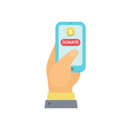 Donate button hand, smartphone and dollar sign. Help red green sticker. Gift charity. Isolated support design. Contribute, contribution, give money, giving symbol. Vector illustrationのイラスト素材