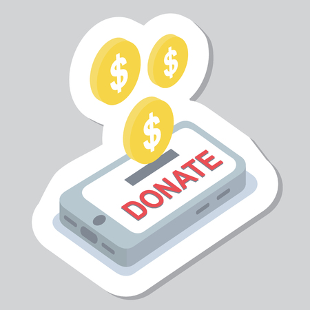 Donate button with smartphone and dollar sign. Help red green sticker. Gift charity. Isolated support design. Contribute, contribution, give money, giving symbol. Vector illustrationのイラスト素材