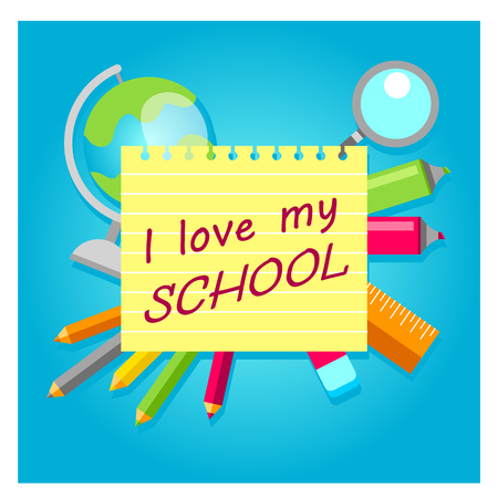 Gift card for Welcome back to school. Vector illustrations collection. Holiday greeting cards design. Poster & banner concept for 1st September with books, glasses, globe, pencilsのイラスト素材