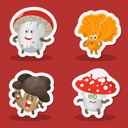 Vector illustration set mushrooms emoticons. Mushrooms icons collection with human face showing various emotions. Harvest symbols. Forest mushrooms Emoji. Autumn funny emotion mushrooms. Sticker iconsのイラスト素材