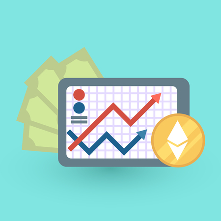 Icon with ico blockchain concept, safe bitcoin, cryptocurrency mining, startup project. Composition with mining of cryptocurrency, coins, banknotes, system users pool, security. Vector illustration.のイラスト素材