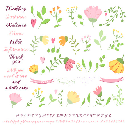 Vector set of Wedding design hand drawn elements. Floral elements for wedding design concept: Invitation, menu, Rsvp, cute card, envelope, cover, poster. Flower, leave, frames, font for wedding designのイラスト素材