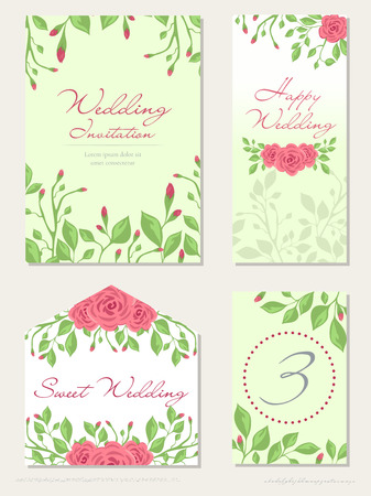 Vector set of Wedding design concept with Invitation, menu, Rsvp, cute card, envelope, cover, poster. Floral wedding design concept with Rose flower, eucalyptus, romantic trendy greenery bouquetのイラスト素材
