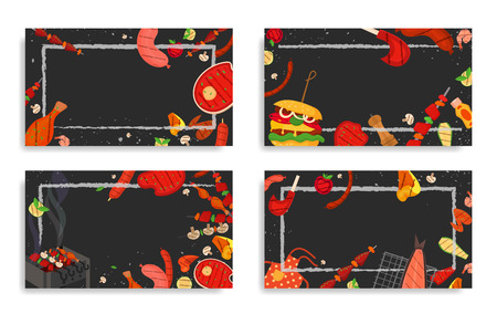 Modern vector barbecue party, menu, invitation design template set. Trendy BBQ cookout poster, web banner, cover design, sample text. Vector BBQ design concept template. Summer barbecue weekend flyerのイラスト素材
