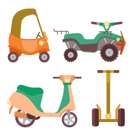Different urban park activity sport wheel devices, vehicles and park transport vector illustration set. Baby manual car, Solo Unicycle, Gyro pod skate, Scooter, Skate board, Ripstik, roller Skates.のイラスト素材