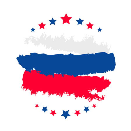 Happy Russia Day template banner for text. Vector tricolor poster, gift card of Russia Day Holiday. Patriotic banner, poster, backdrop. Square layout with Tricolor brushes, lines, stars. 12 Juneのイラスト素材