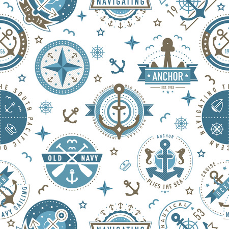 Nautical template pattern. Sailing object, icon vector background. Marine label, sea badge, anchor design, graphic emblem. Anchor, ship silhouettes. Boat, anchor, lighthouse symbols patternのイラスト素材