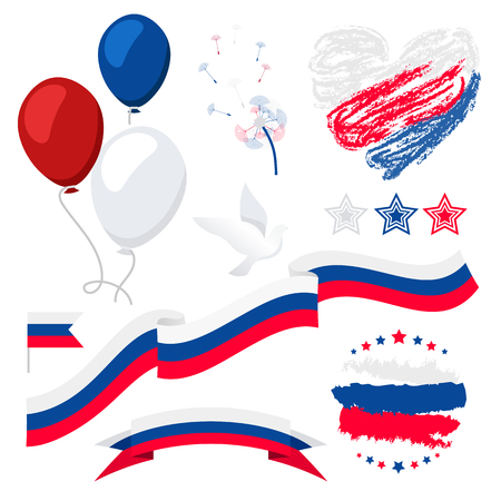 Russian patriotic elements vector set for Happy Russia Day. Design banner, poster, gift card, flyer, layout, cover, postcard, background. Russia Holiday Tricolor flag, star, balloon, dandelion, ribbonのイラスト素材
