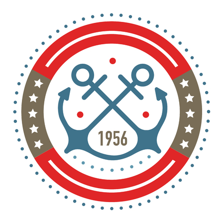 Nautical logo template. Sailing object, icon vector. Marine label, sea badge, anchor logo design, graphic red blue emblem. Anchor, ship silhouette. Boat, anchor, lighthouse, handwheel symbol image.のイラスト素材