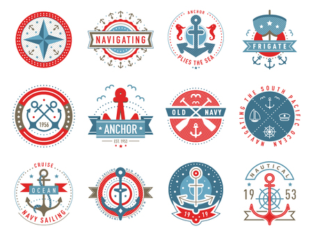 Nautical logo template set. Sailing object, icon vector set. Marine label, sea badge, anchor logo design, graphic emblem. Anchor,  ship silhouettes. Boat, anchor, lighthouse, handwheel symbols imageのイラスト素材