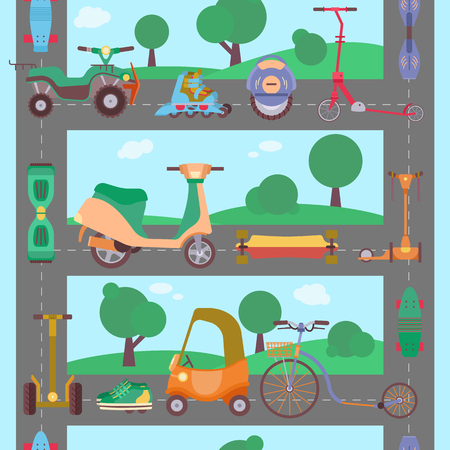 Different urban park activity sport wheel devices, vehicles and park transport vector  pattern. Baby manual car, Solo Unicycle, Gyro pod, Scooter, Skate board, roller Skates. Park summer patternのイラスト素材