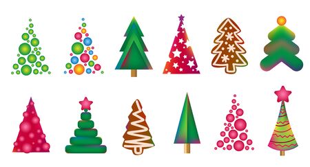 Christmas fir trees collection. Christmas symbol ornament stylized element of fir tree. Winter background, holiday poster, pattern, banner, gift greeting card, invitation, web design. Vector icon setのイラスト素材