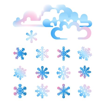 Illustration with vibrant gradient cloud, snowflakes dropping down. Set of blue pink snowy clouds, icons for weather forecast. Weather and seasons icon set. Cloud and snow icon. Flat simple pictogramのイラスト素材