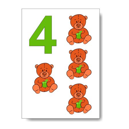 Kids play cards set with numbers, toys, food, things. Cartoon children cards for playing, learning to count, to put numbers, to deduct, to decide math example. Mathematics cards for children. Vector.のイラスト素材