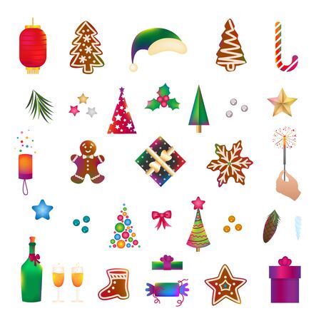 Christmas icons, objects, symbols collection. Christmas detailed vector set of fir tree, firework, tree toy, balls, New Year festive bell. Decor elements for graphic design of New Year celebration.のイラスト素材