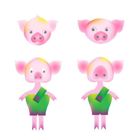 Little pigs fantasy tale. Little Pig mascot. Chinese New Year 2019. Cartoon vector isolated fairytale character with different face. Three little pig. Piglet from fairytale. Vector illustration.のイラスト素材