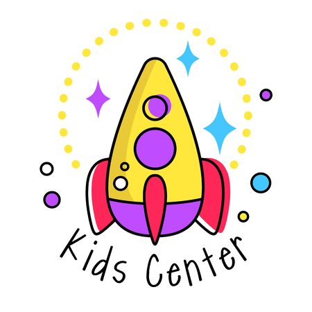 Colorful promo sign, creative idea for children playing space. Vector watercolor icon, symbol, child. Kids vector image. kids club, land, playground, zone, hobby, art. Children badgeのイラスト素材